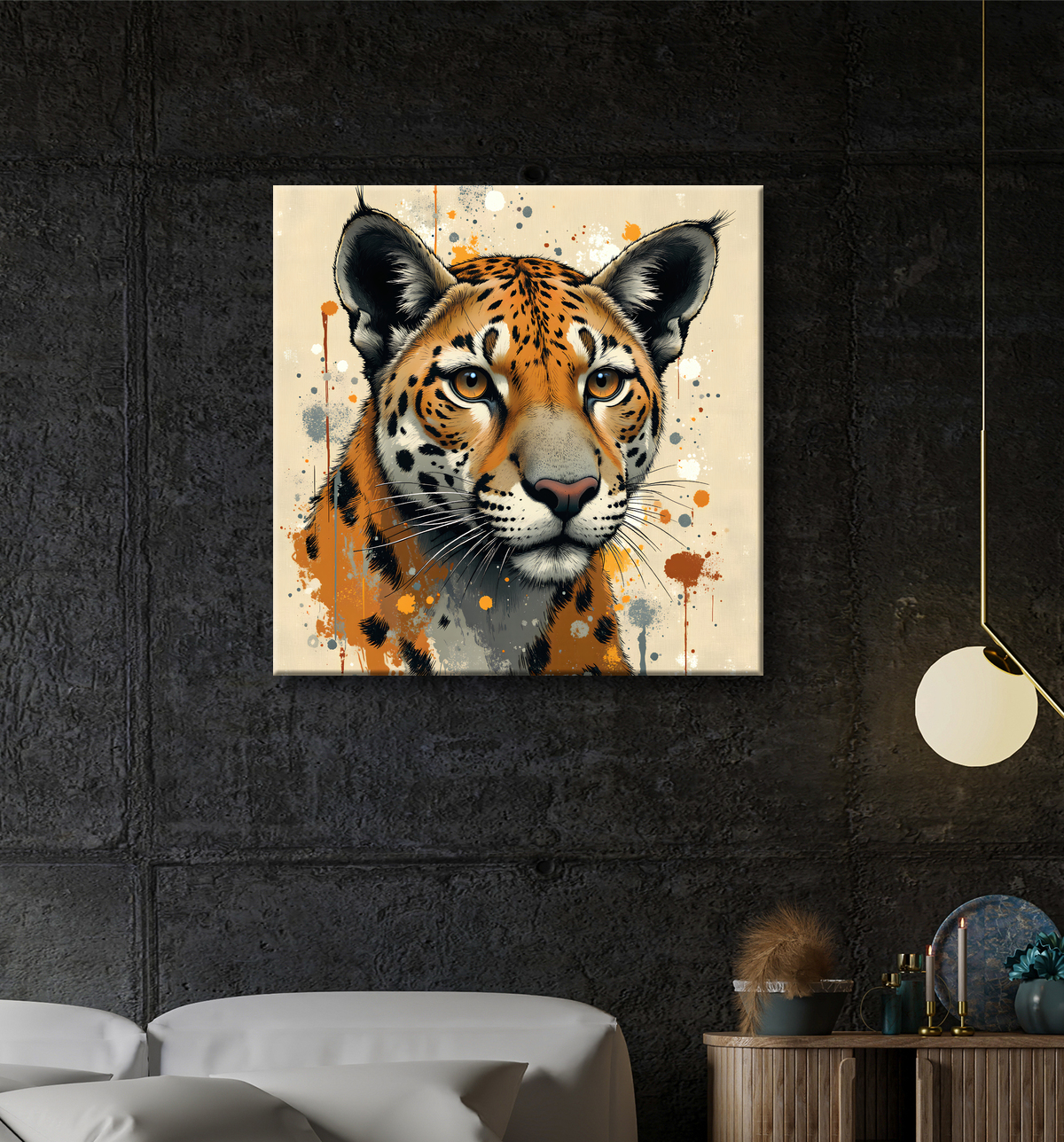 Tableau léopard moderne - Peinture animalière expressive et graphique avec decor