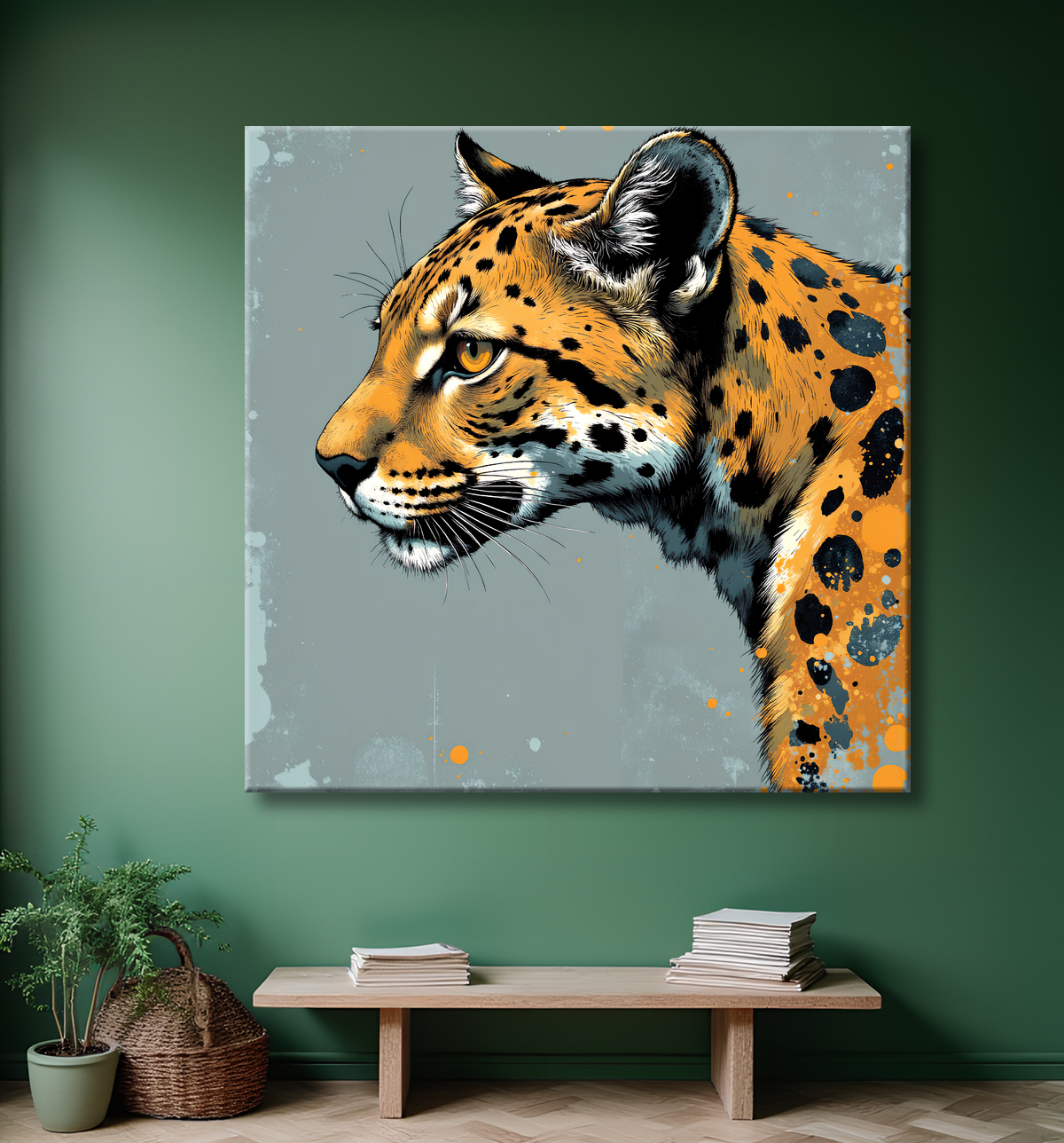 Tableau léopard moderne - Peinture animalière expressive et graphique avec decor