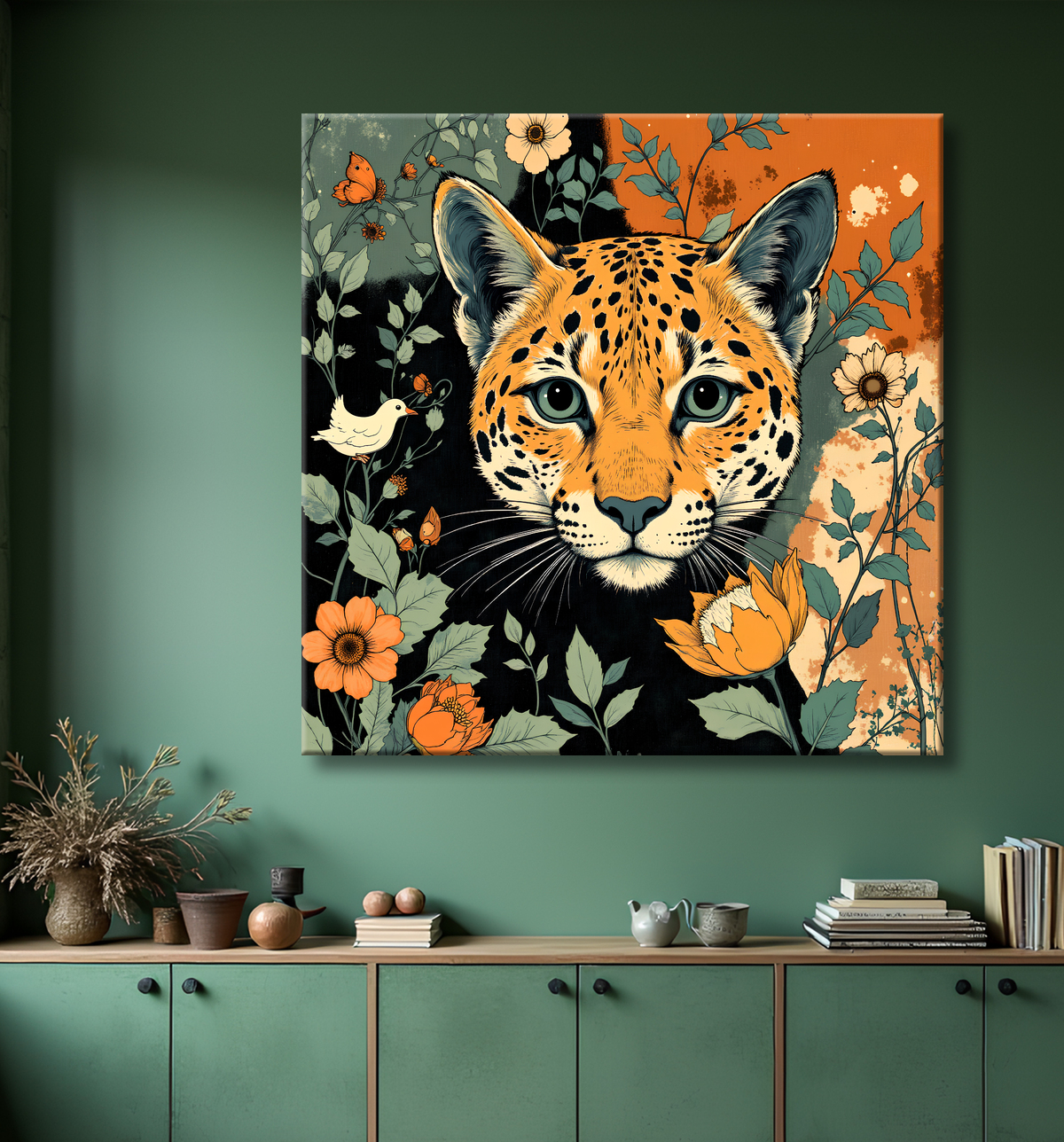 Tableau léopard moderne - Peinture animalière expressive et graphique avec decor