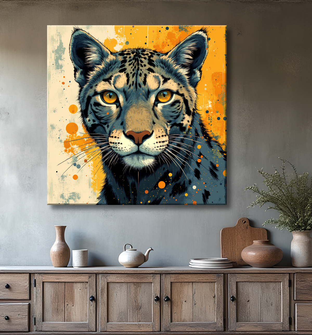 Tableau léopard moderne - Peinture animalière expressive et graphique avec decor