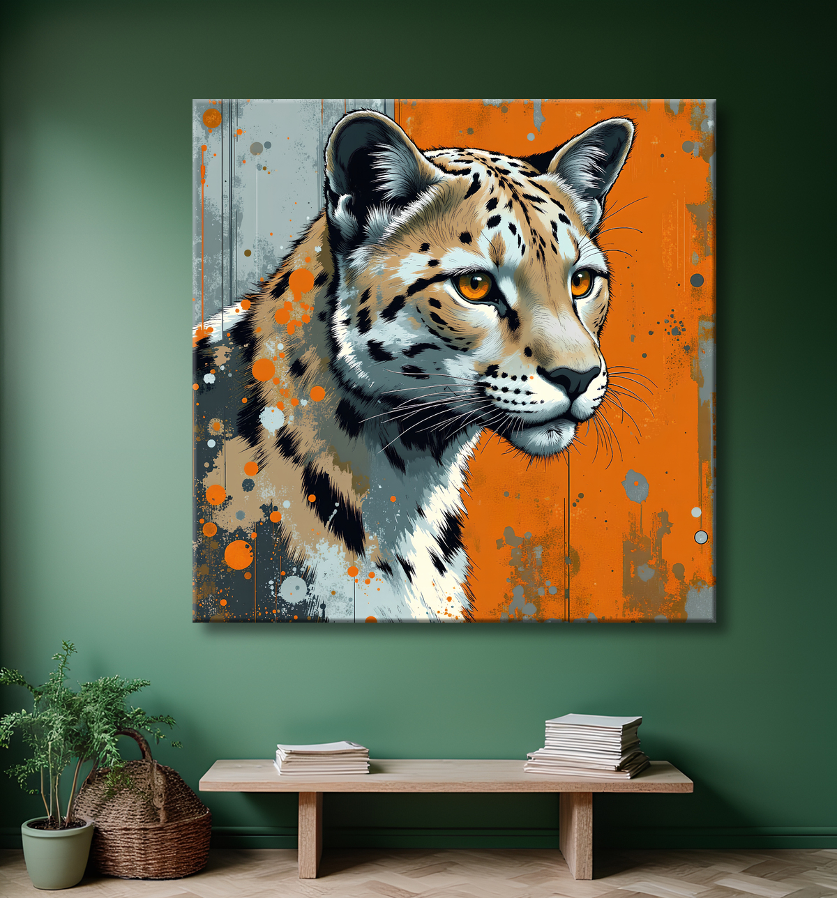 Tableau léopard moderne - Peinture animalière expressive et graphique avec decor