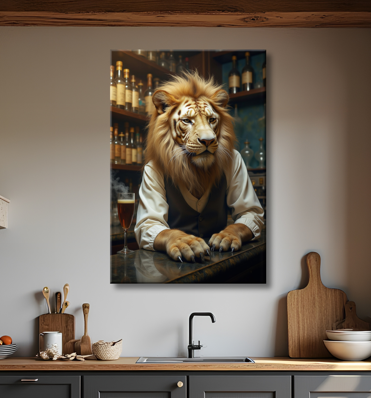 Tableau lion serveur vintage - Animal anthropomorphe chic dans un bar rétro avec decor