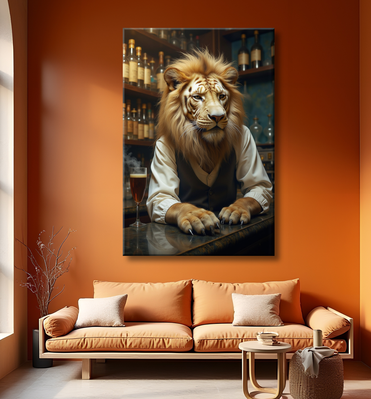 Tableau lion serveur vintage - Animal anthropomorphe chic dans un bar rétro avec decor