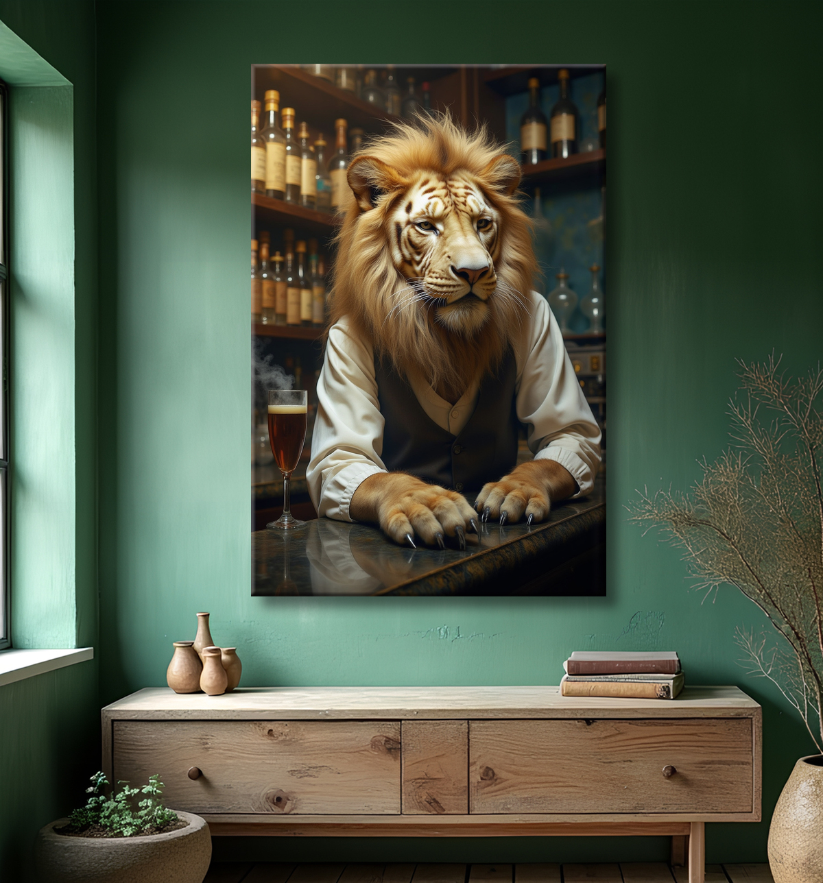 Tableau lion serveur vintage - Animal anthropomorphe chic dans un bar rétro avec decor