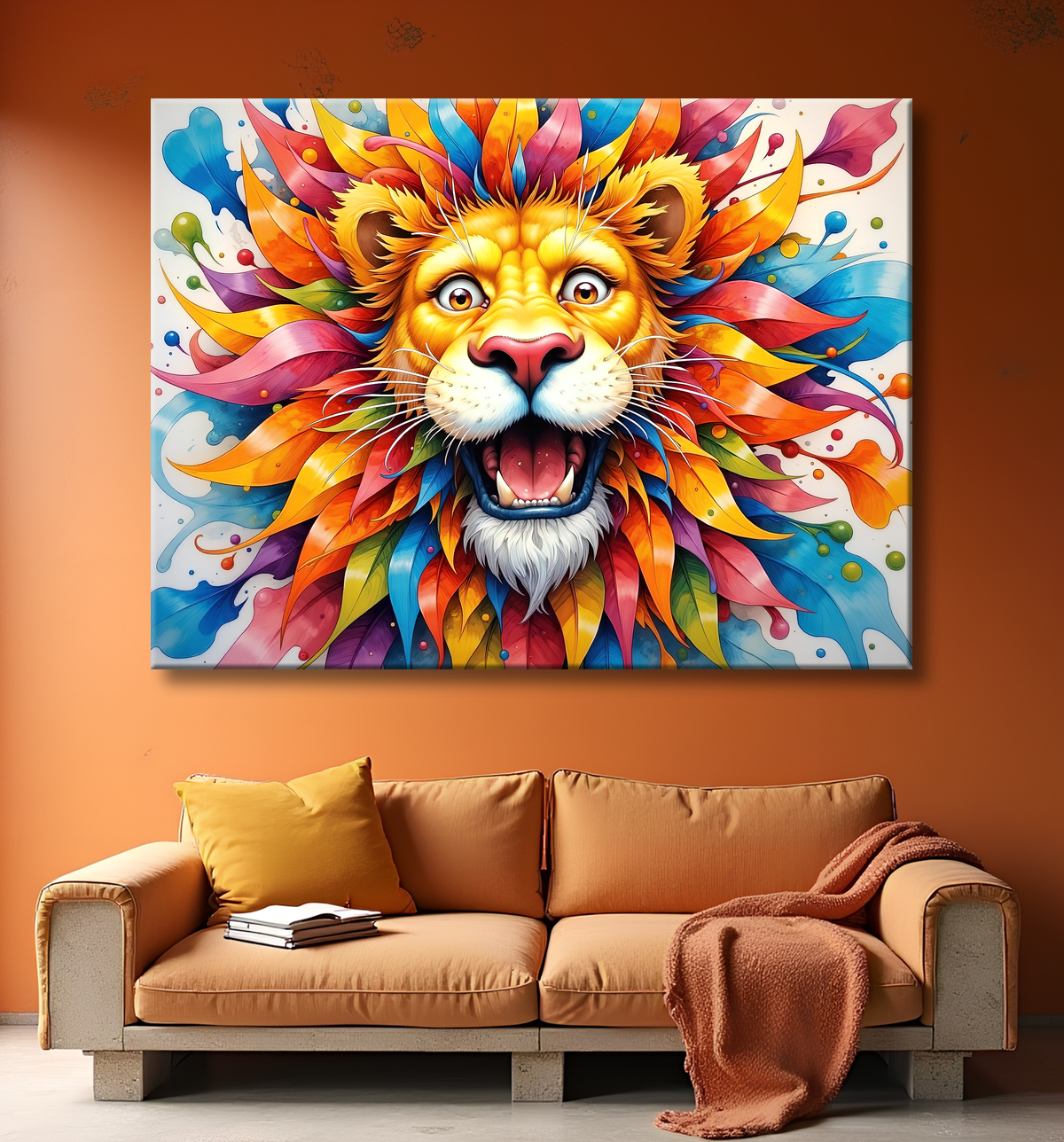 Tableau lion enfant - Illustration colorée et ludique avec decor