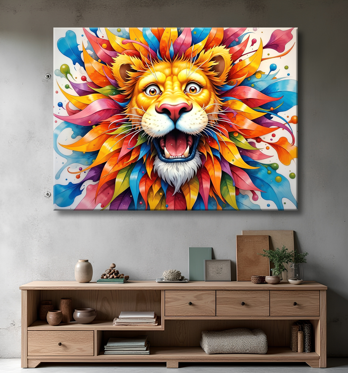 Tableau lion enfant - Illustration colorée et ludique avec decor