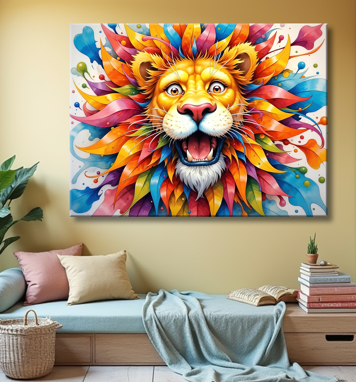 Tableau lion enfant - Illustration colorée et ludique avec decor