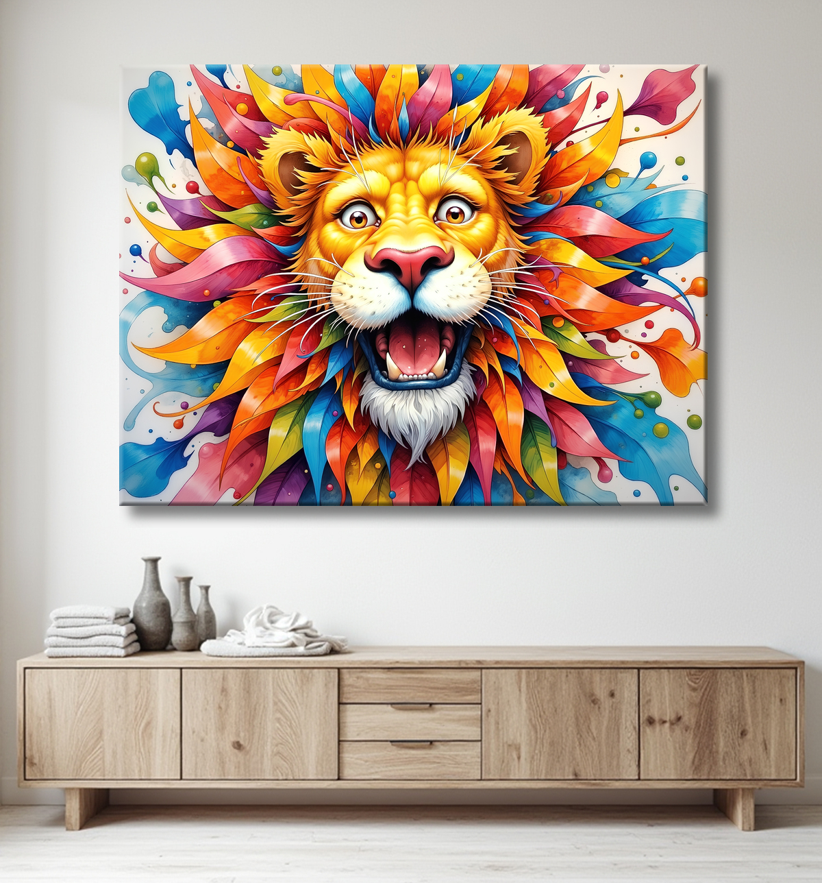 Tableau lion enfant - Illustration colorée et ludique avec decor