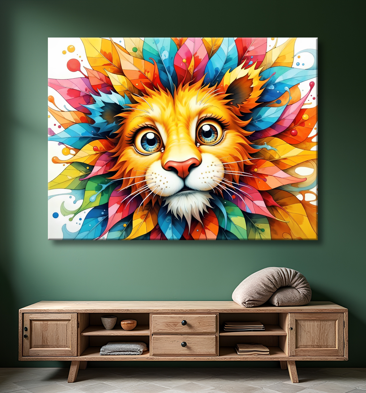 Tableau lion enfant - Illustration colorée et ludique avec decor