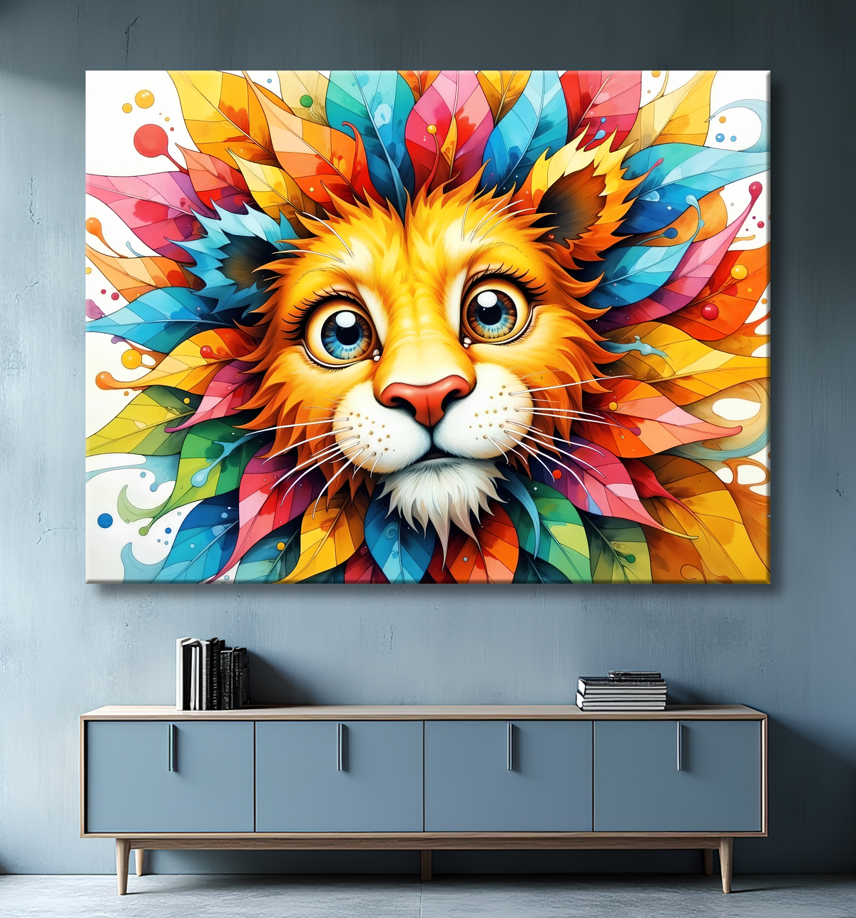 Tableau lion enfant - Illustration colorée et ludique avec decor