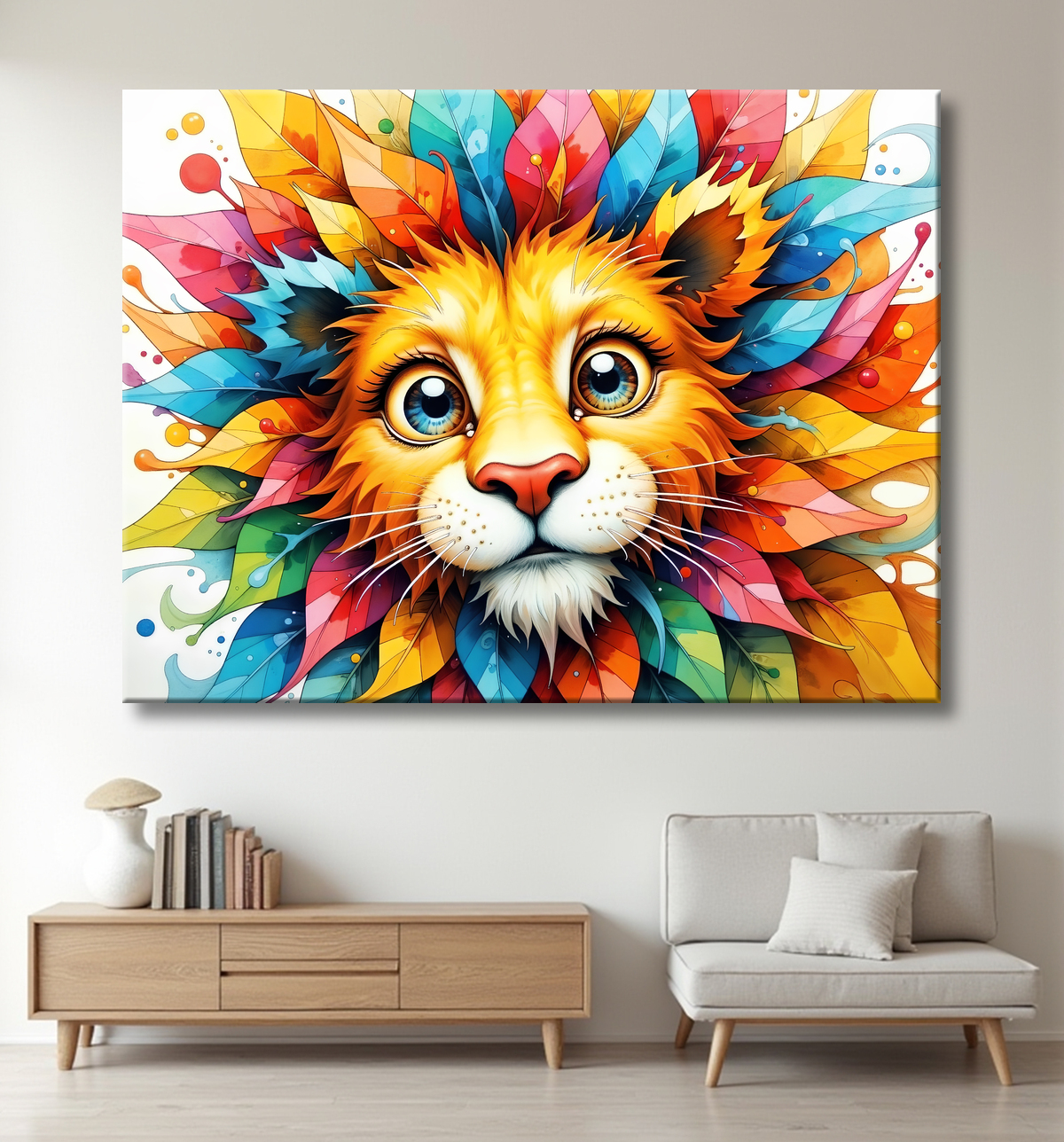 Tableau lion enfant - Illustration colorée et ludique avec decor