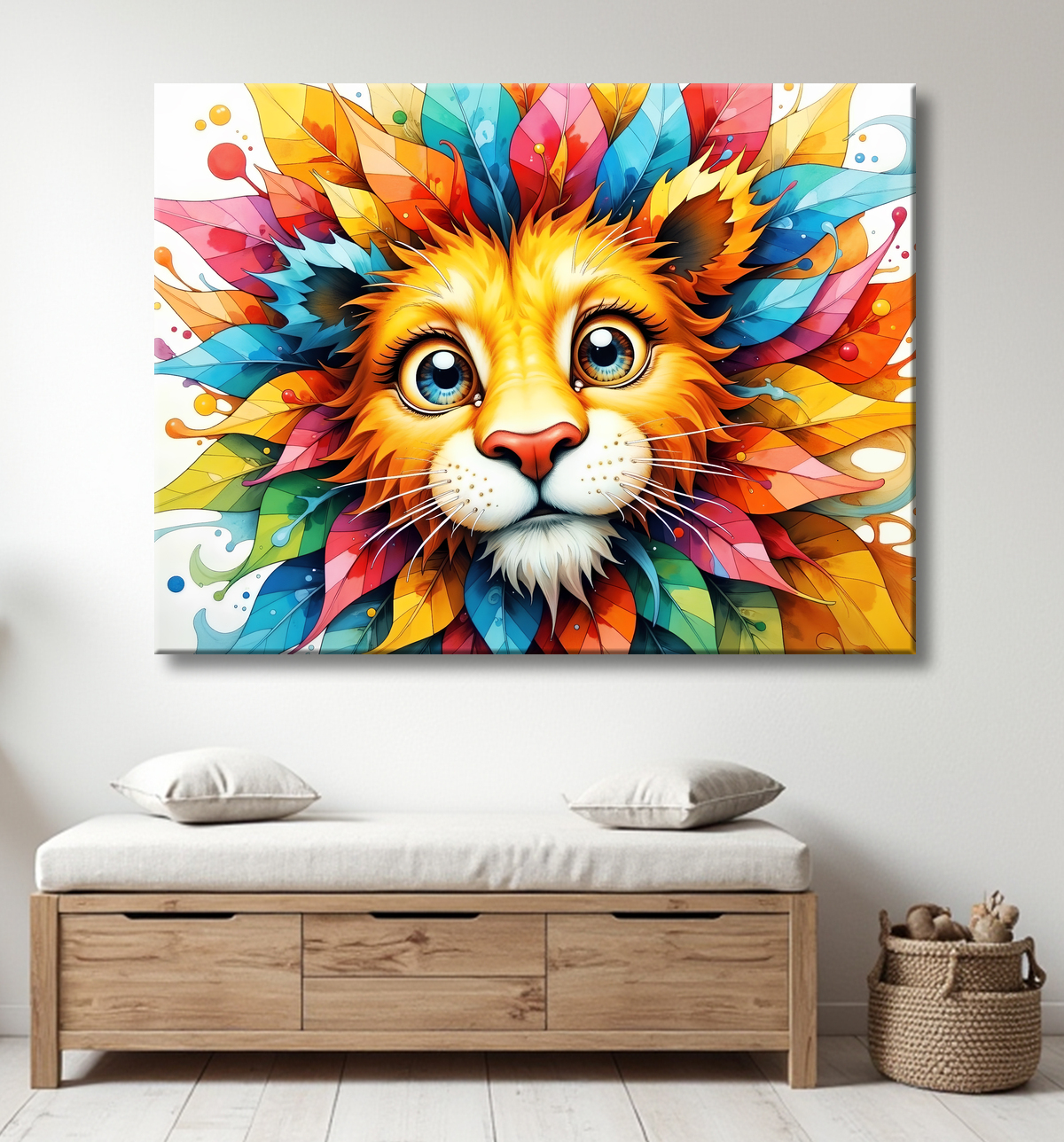 Tableau lion enfant - Illustration colorée et ludique avec decor