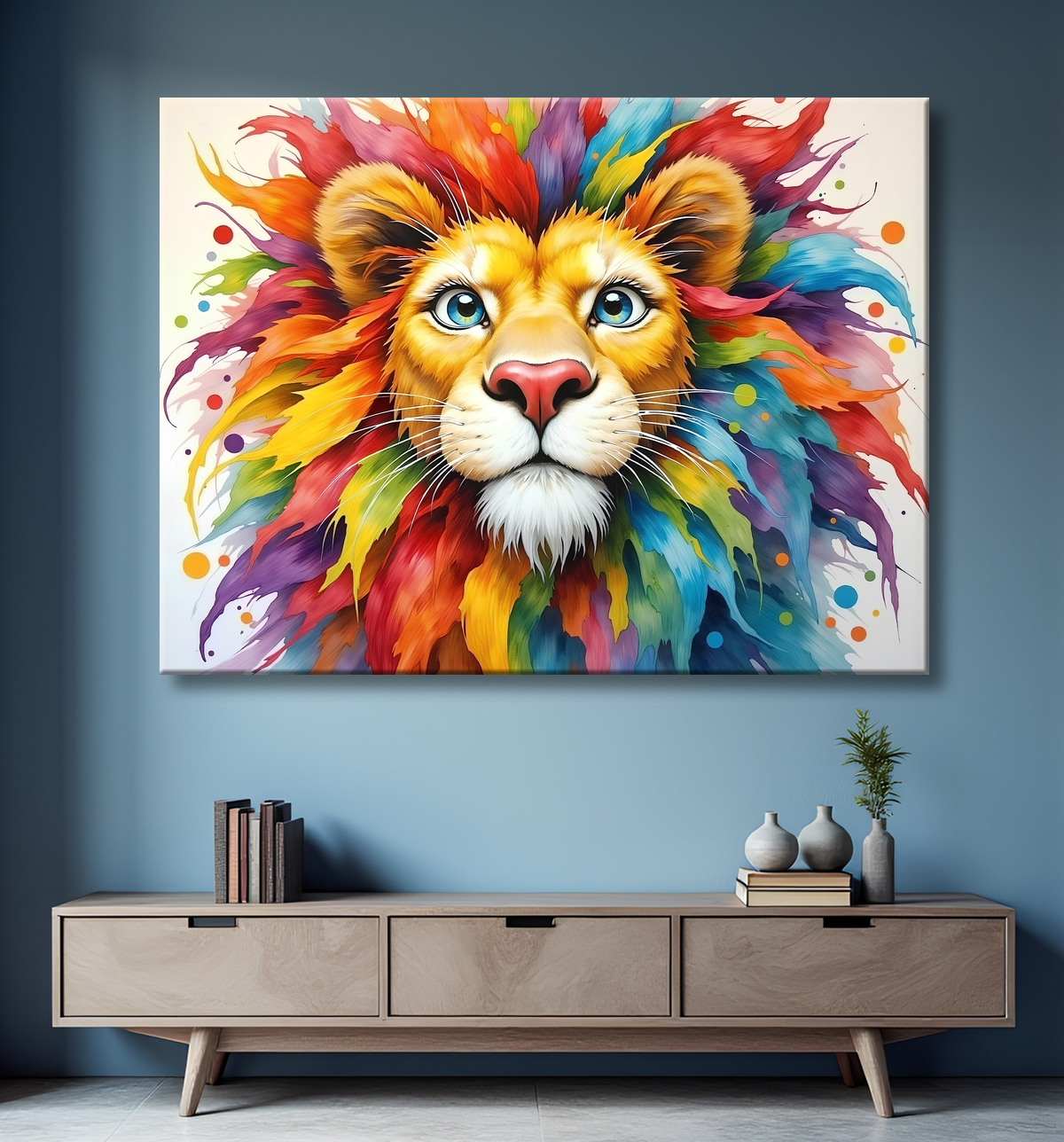 Tableau lion enfant - Illustration colorée et ludique avec decor