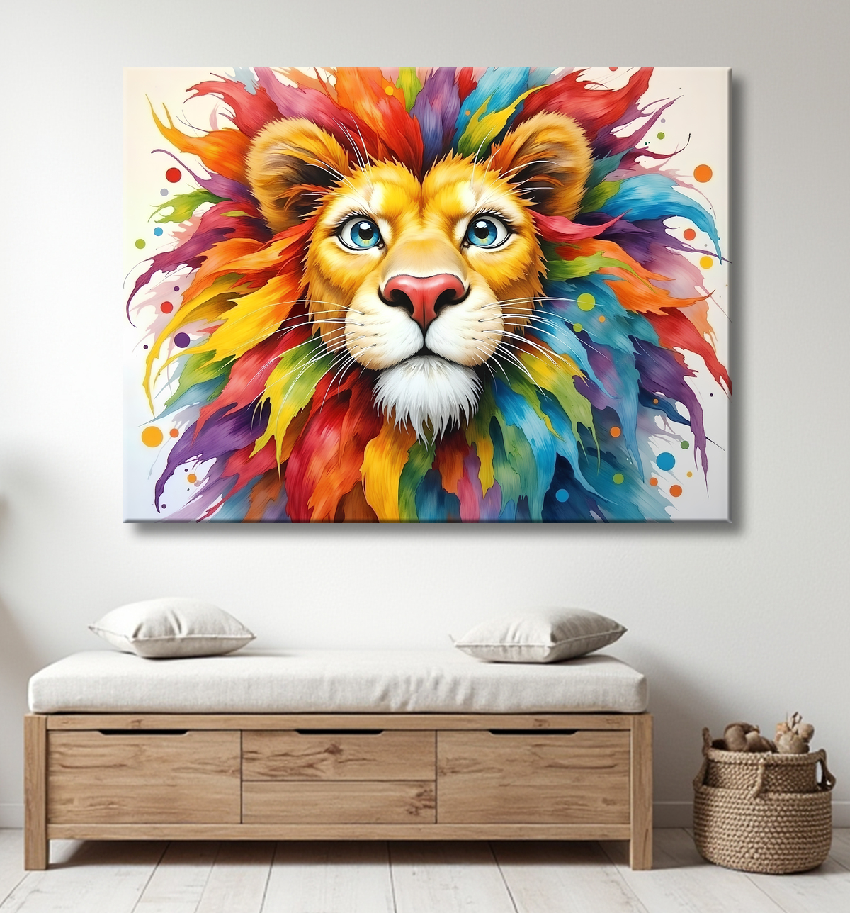 Tableau lion enfant - Illustration colorée et ludique avec decor