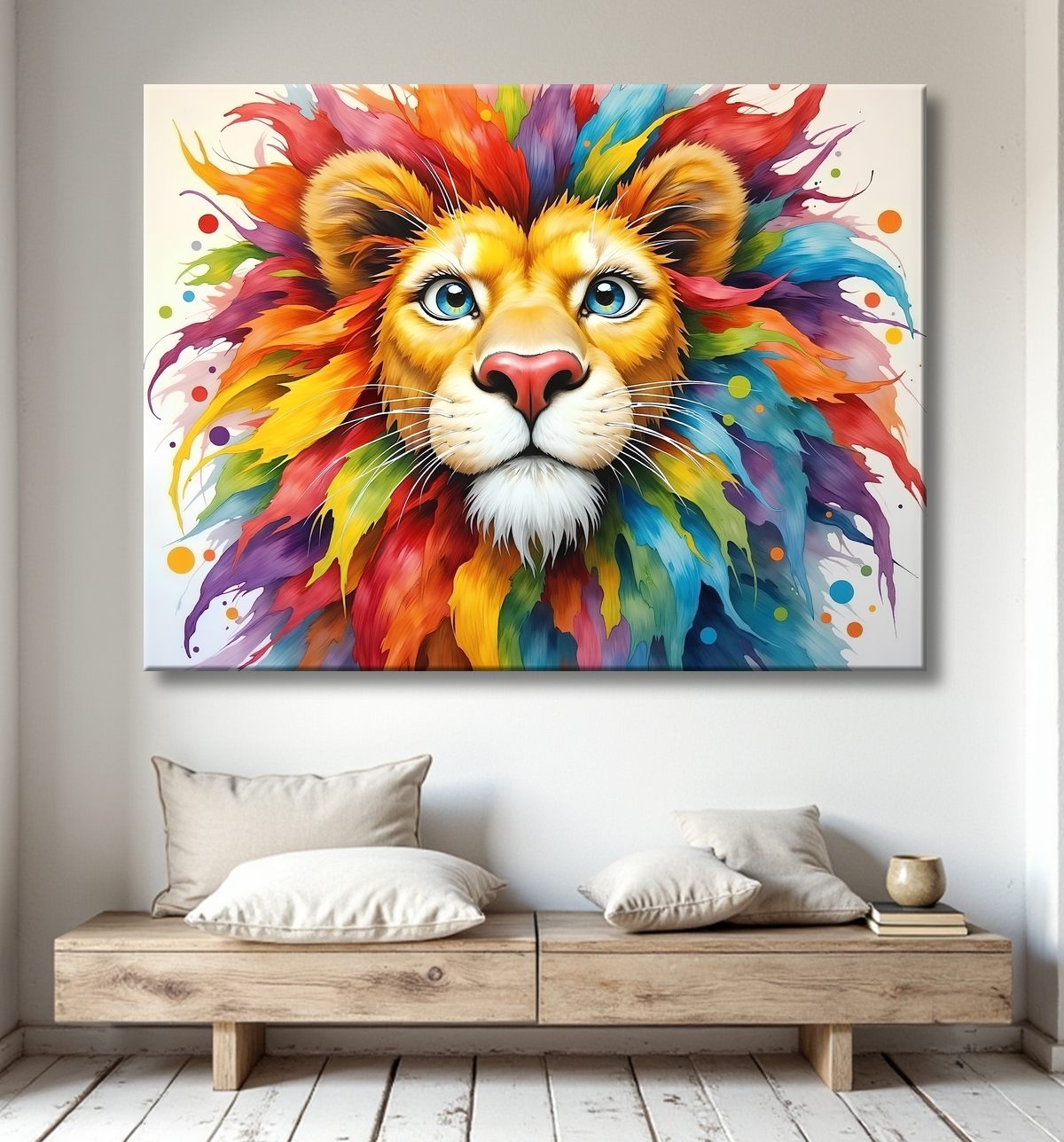 Tableau lion enfant - Illustration colorée et ludique avec decor