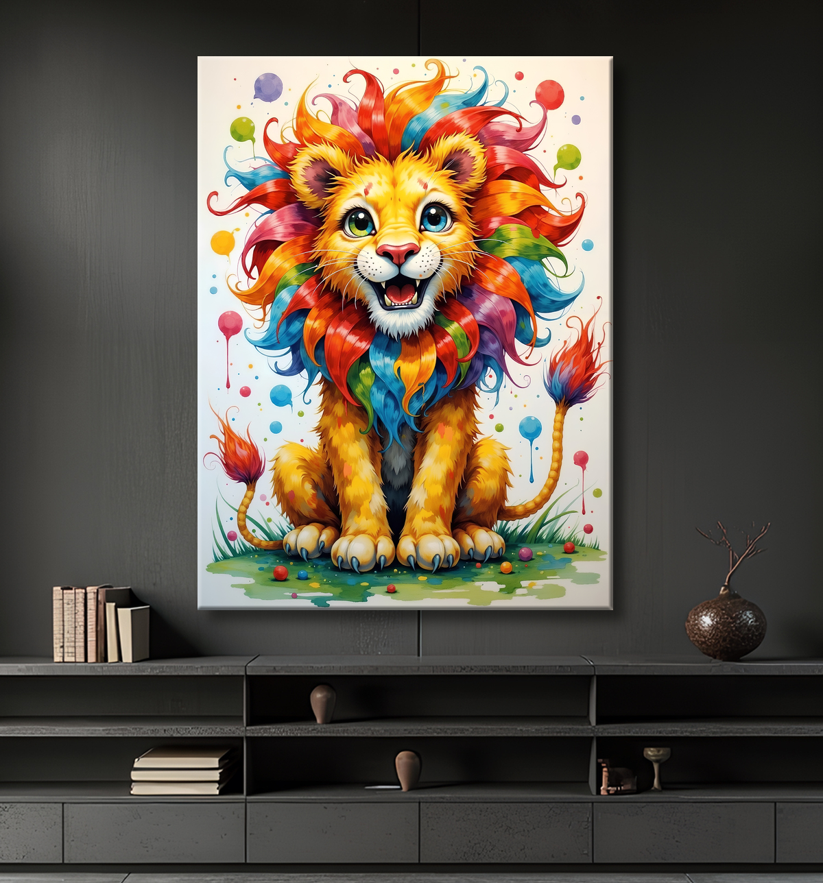 Tableau lion enfant - Illustration colorée et ludique avec decor