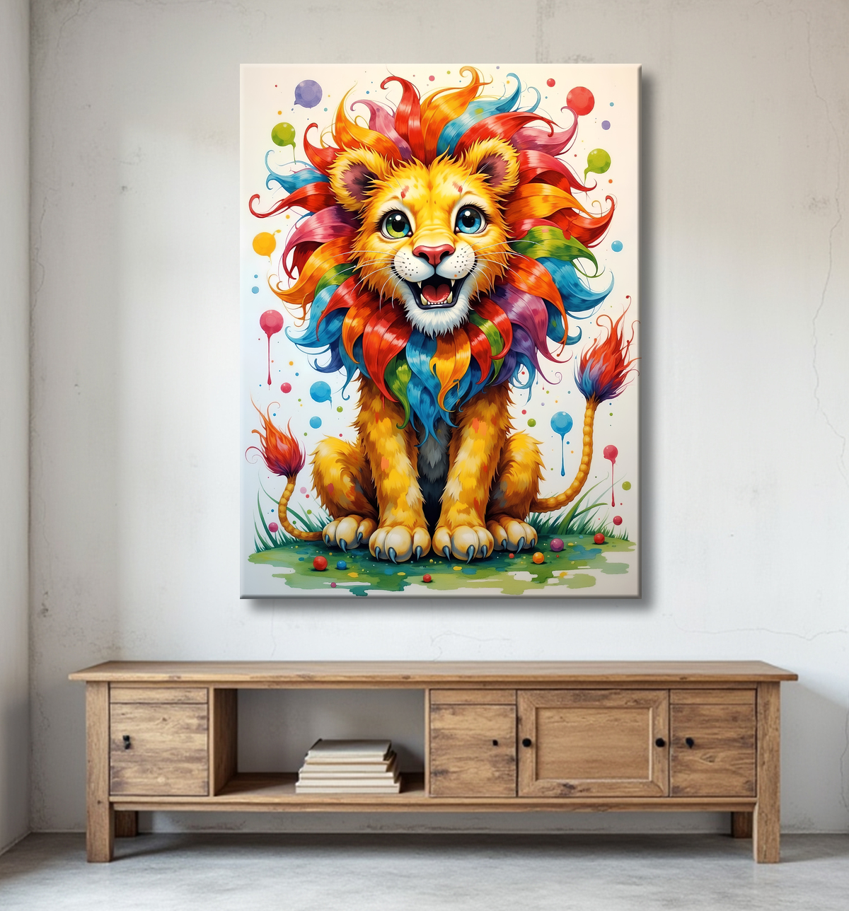Tableau lion enfant - Illustration colorée et ludique avec decor
