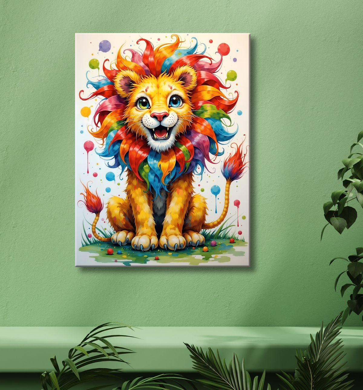 Tableau lion enfant - Illustration colorée et ludique avec decor