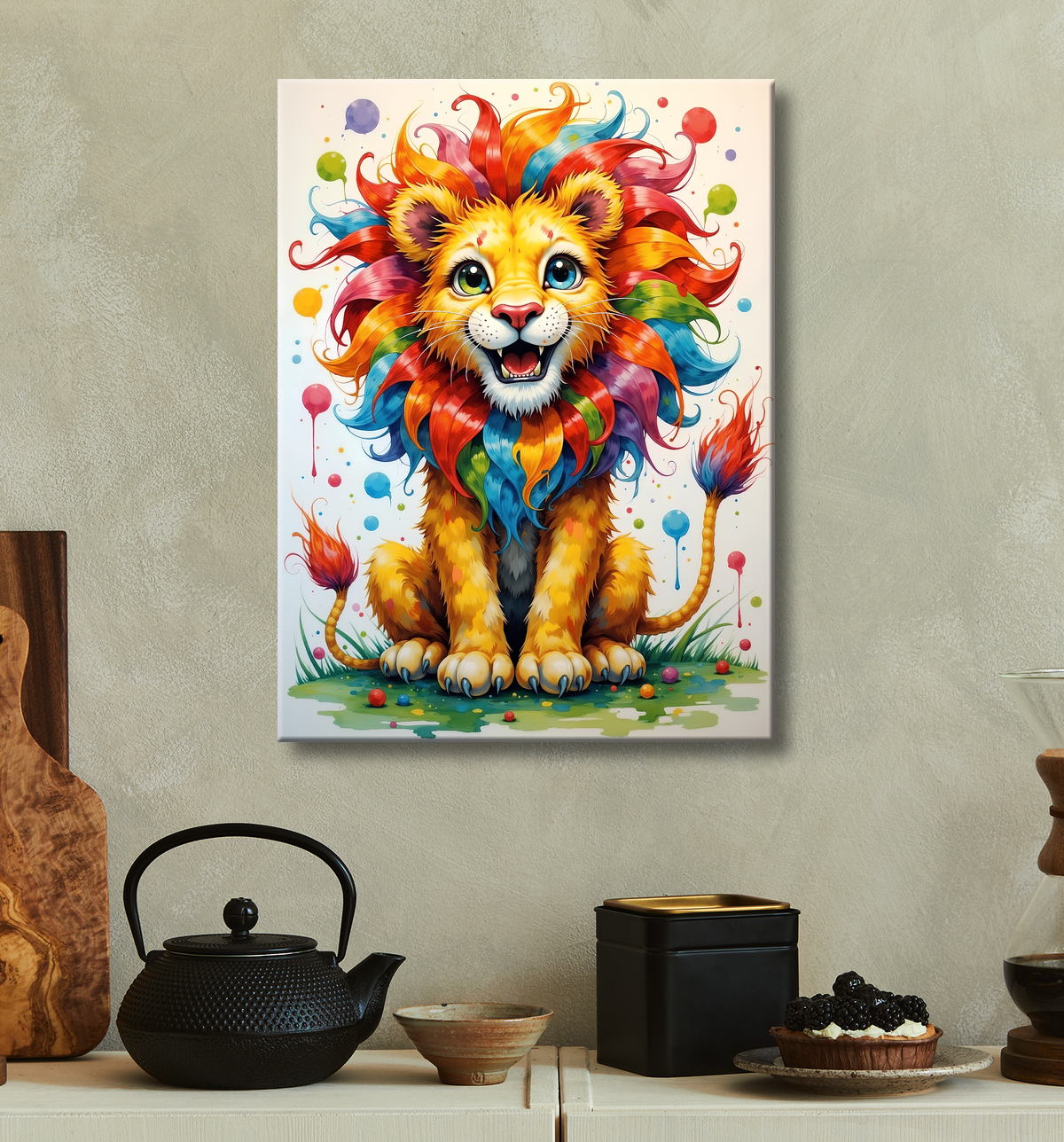 Tableau lion enfant - Illustration colorée et ludique avec decor