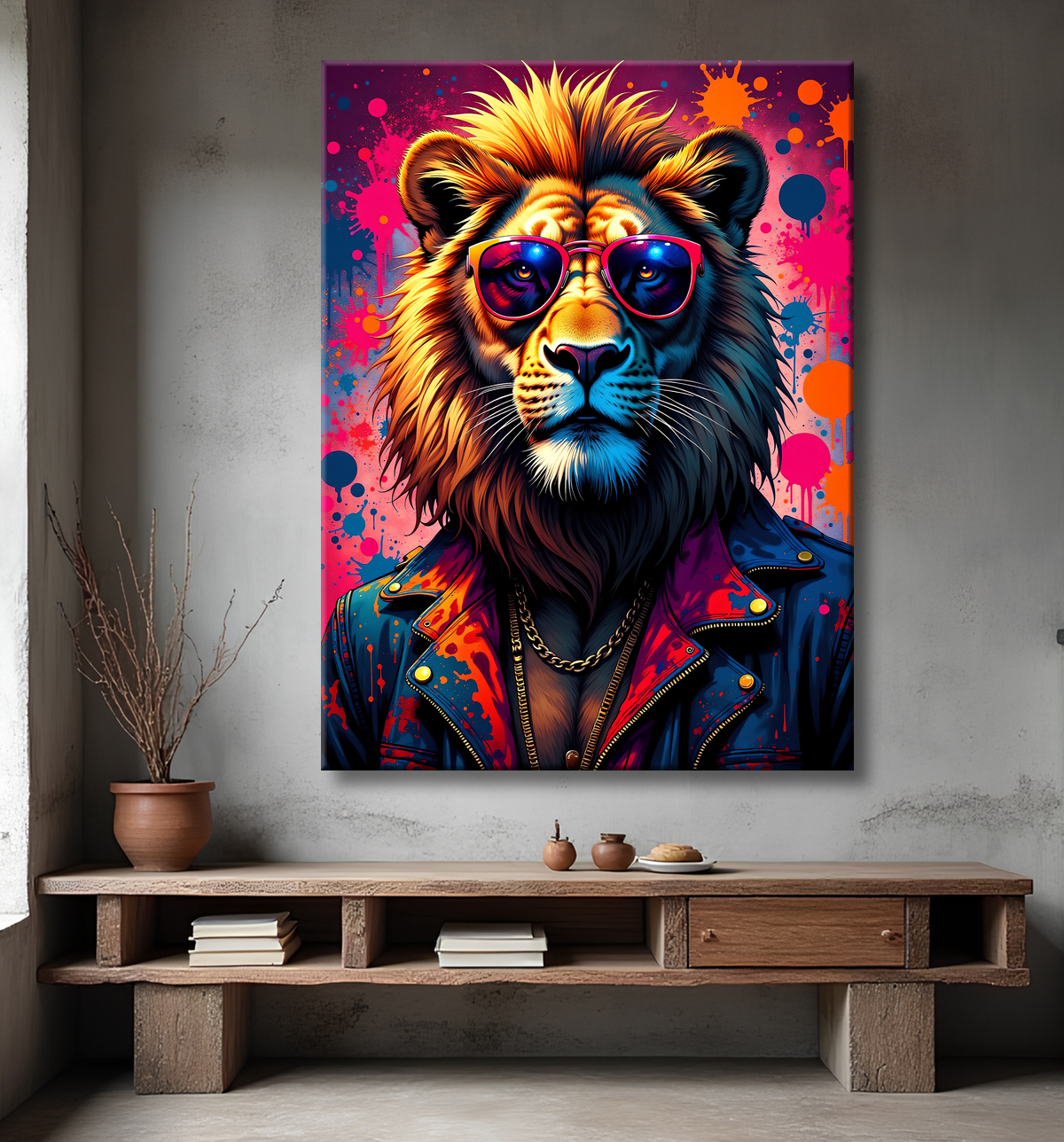 Tableau lion graffiti - Art mural urbain coloré et exclusif avec decor