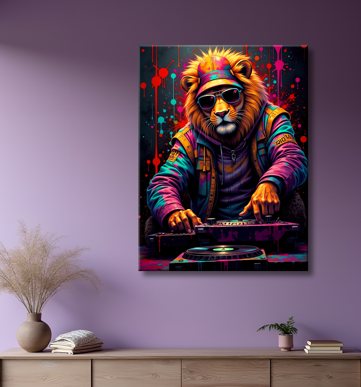 Tableau lion graffiti - Art mural urbain coloré et exclusif avec decor