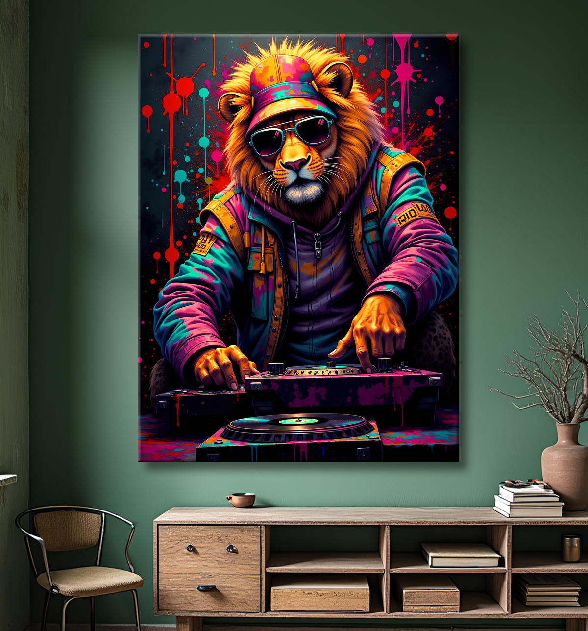 Tableau lion graffiti - Art mural urbain coloré et exclusif avec decor