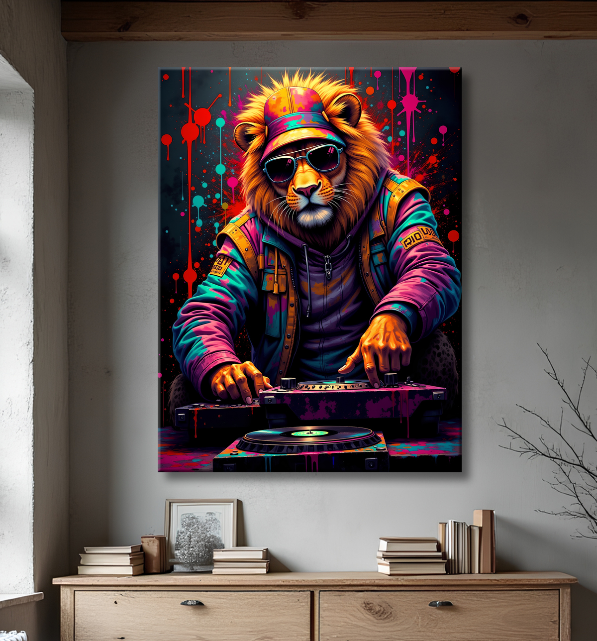 Tableau lion graffiti - Art mural urbain coloré et exclusif avec decor