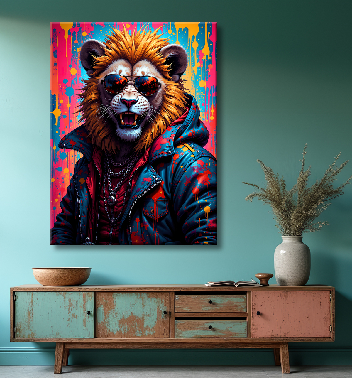 Tableau lion graffiti - Art mural urbain coloré et exclusif avec decor