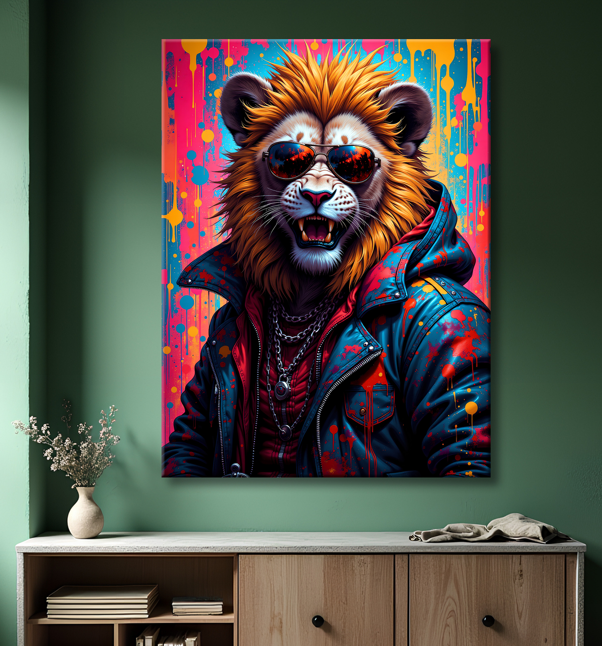 Tableau lion graffiti - Art mural urbain coloré et exclusif avec decor