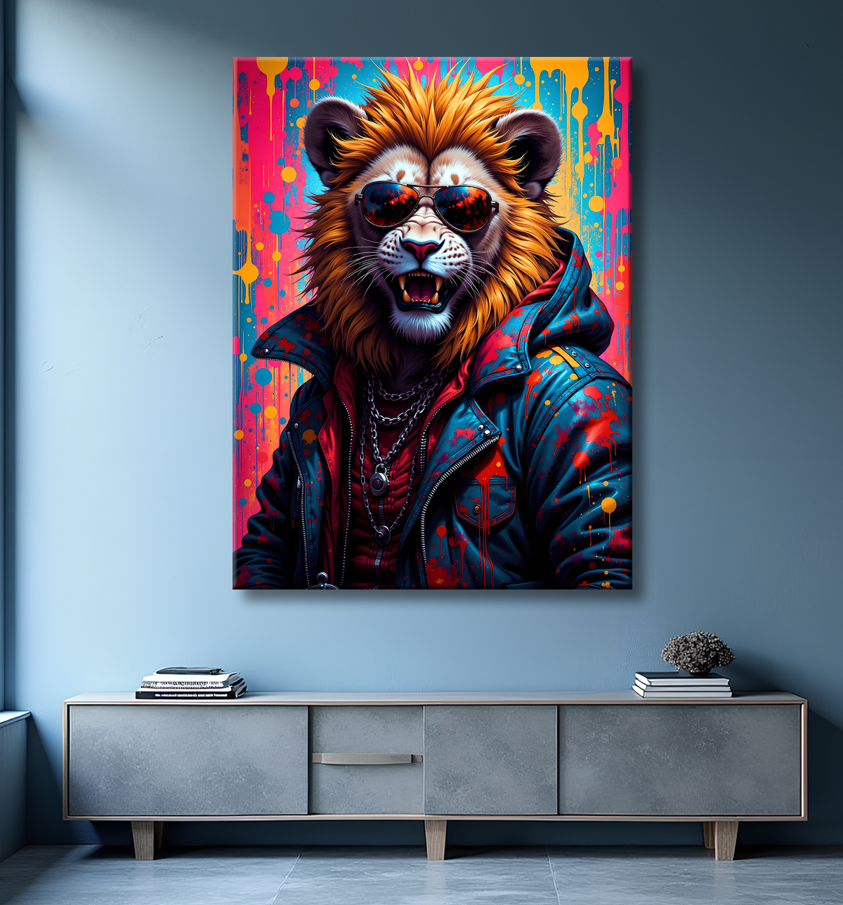 Tableau lion graffiti - Art mural urbain coloré et exclusif avec decor