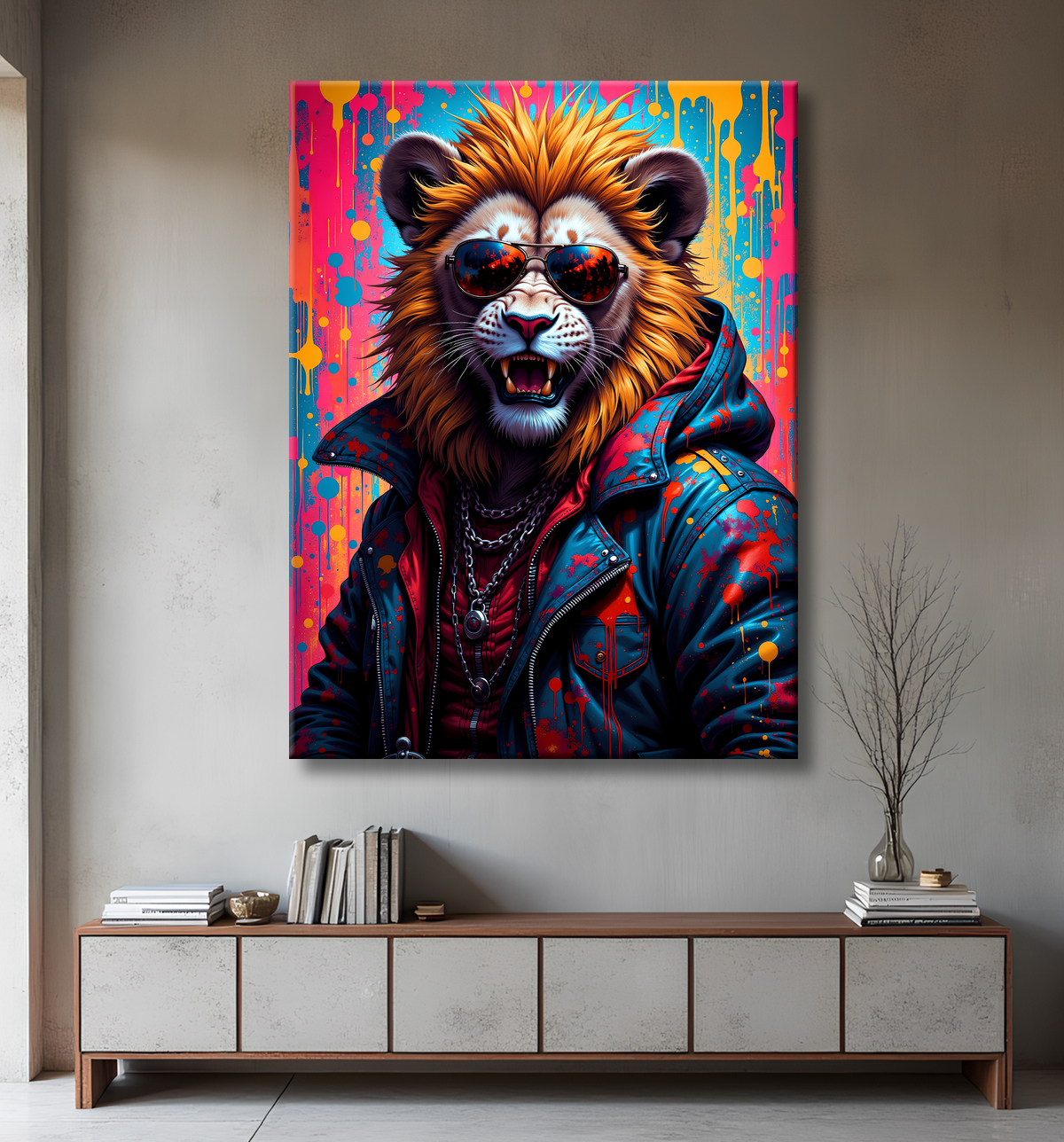 Tableau lion graffiti - Art mural urbain coloré et exclusif avec decor