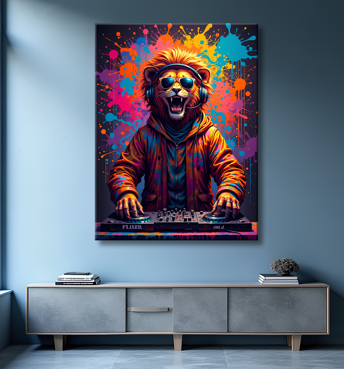 Tableau lion graffiti - Art mural urbain coloré et exclusif avec decor