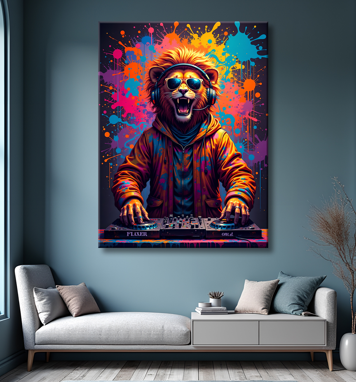 Tableau lion graffiti - Art mural urbain coloré et exclusif avec decor