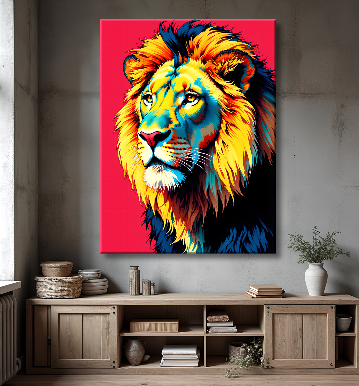 Tableau lion pop art fond rouge - Portrait graphique inspiré de Warhol avec decor