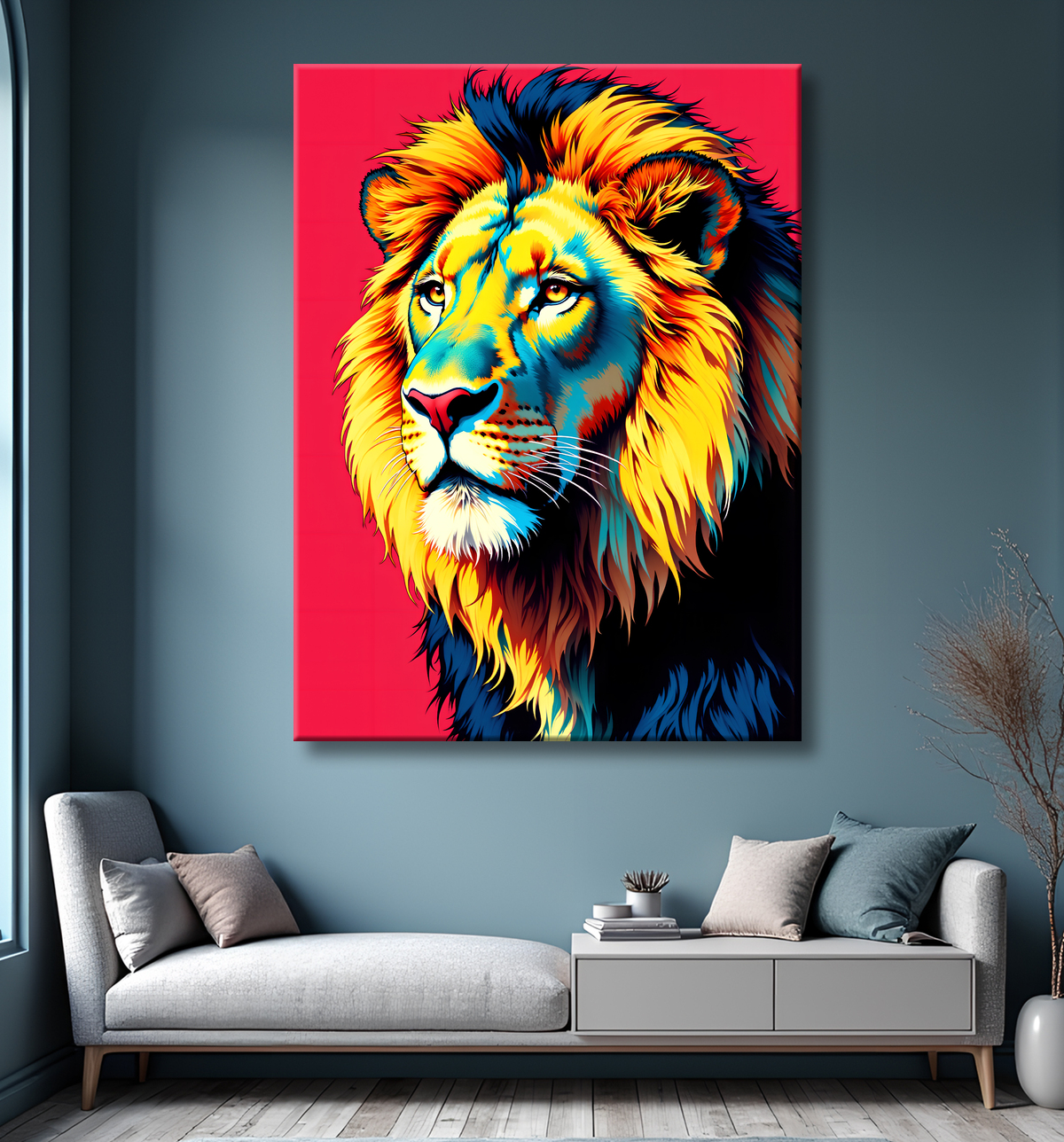 Tableau lion pop art fond rouge - Portrait graphique inspiré de Warhol avec decor