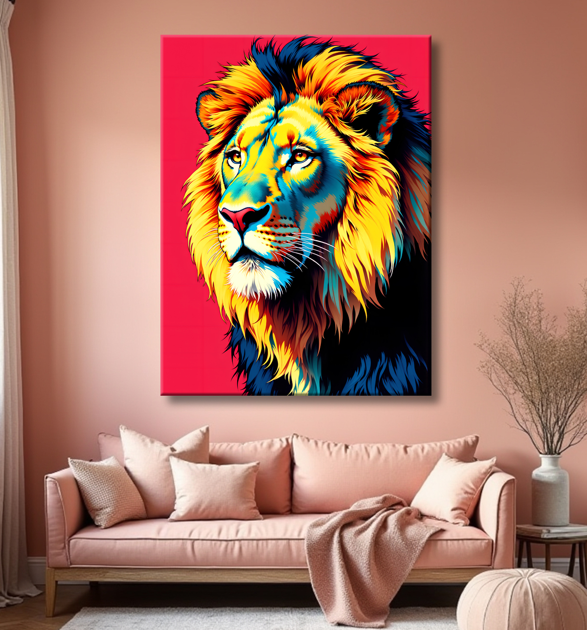Tableau lion pop art fond rouge - Portrait graphique inspiré de Warhol avec decor