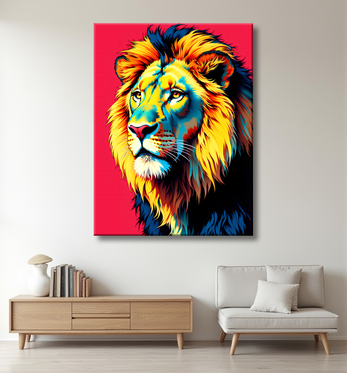 Tableau lion pop art fond rouge - Portrait graphique inspiré de Warhol avec decor