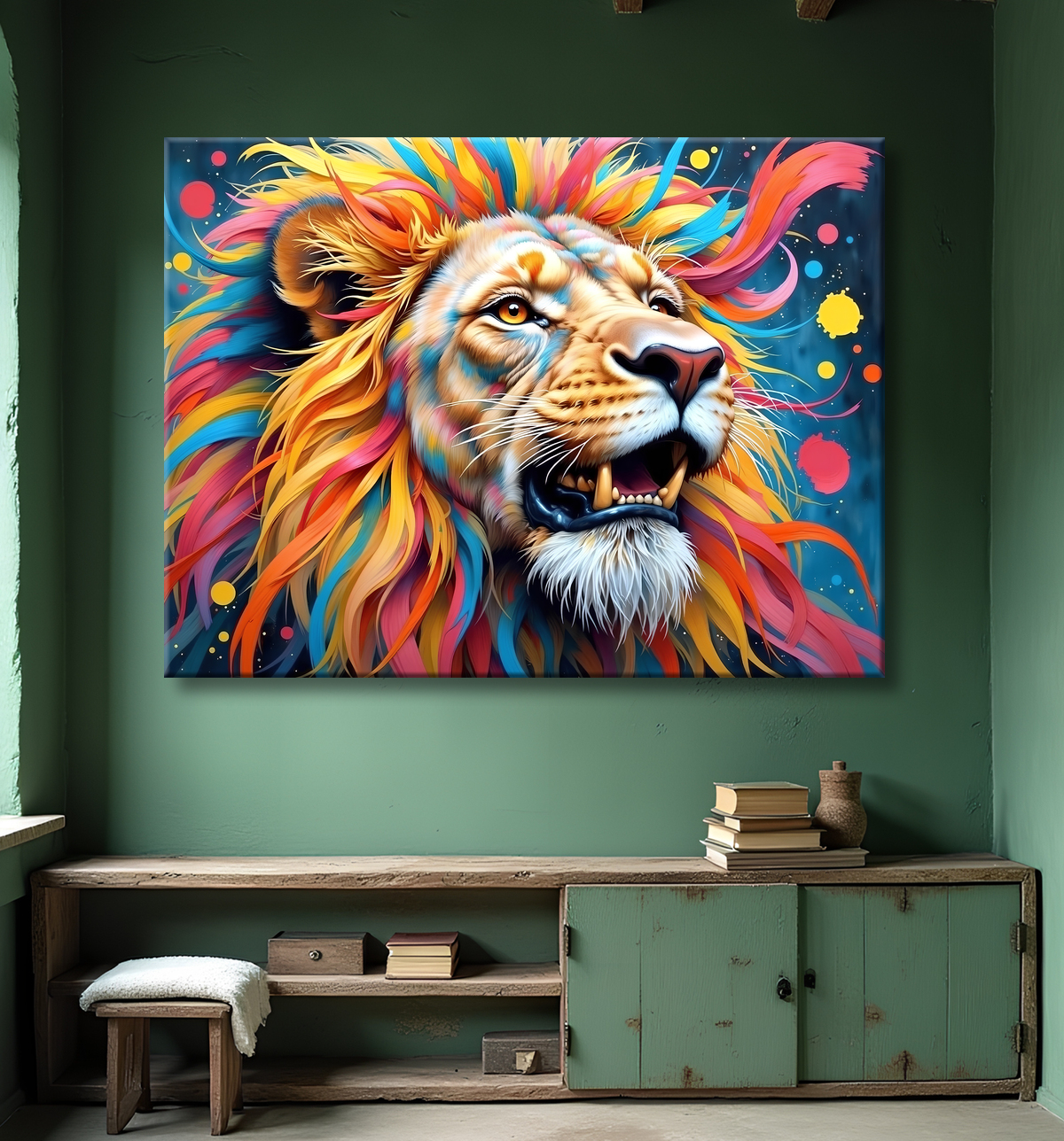 Tableau lion coloré - Portrait pop art graphique avec decor