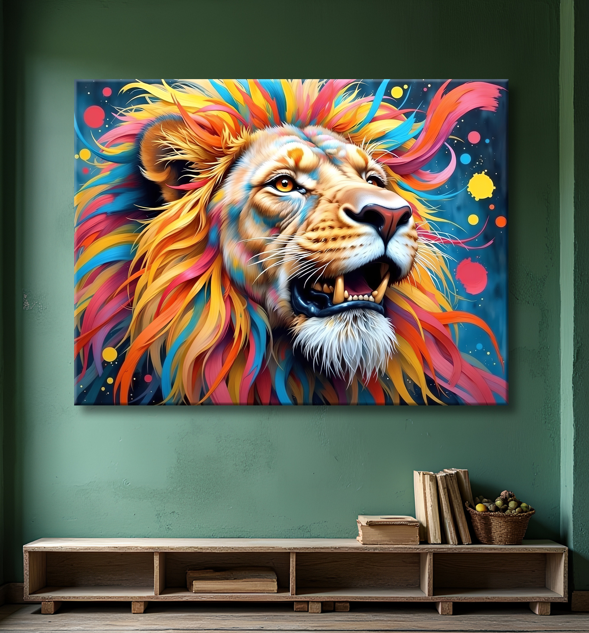 Tableau lion coloré - Portrait pop art graphique avec decor
