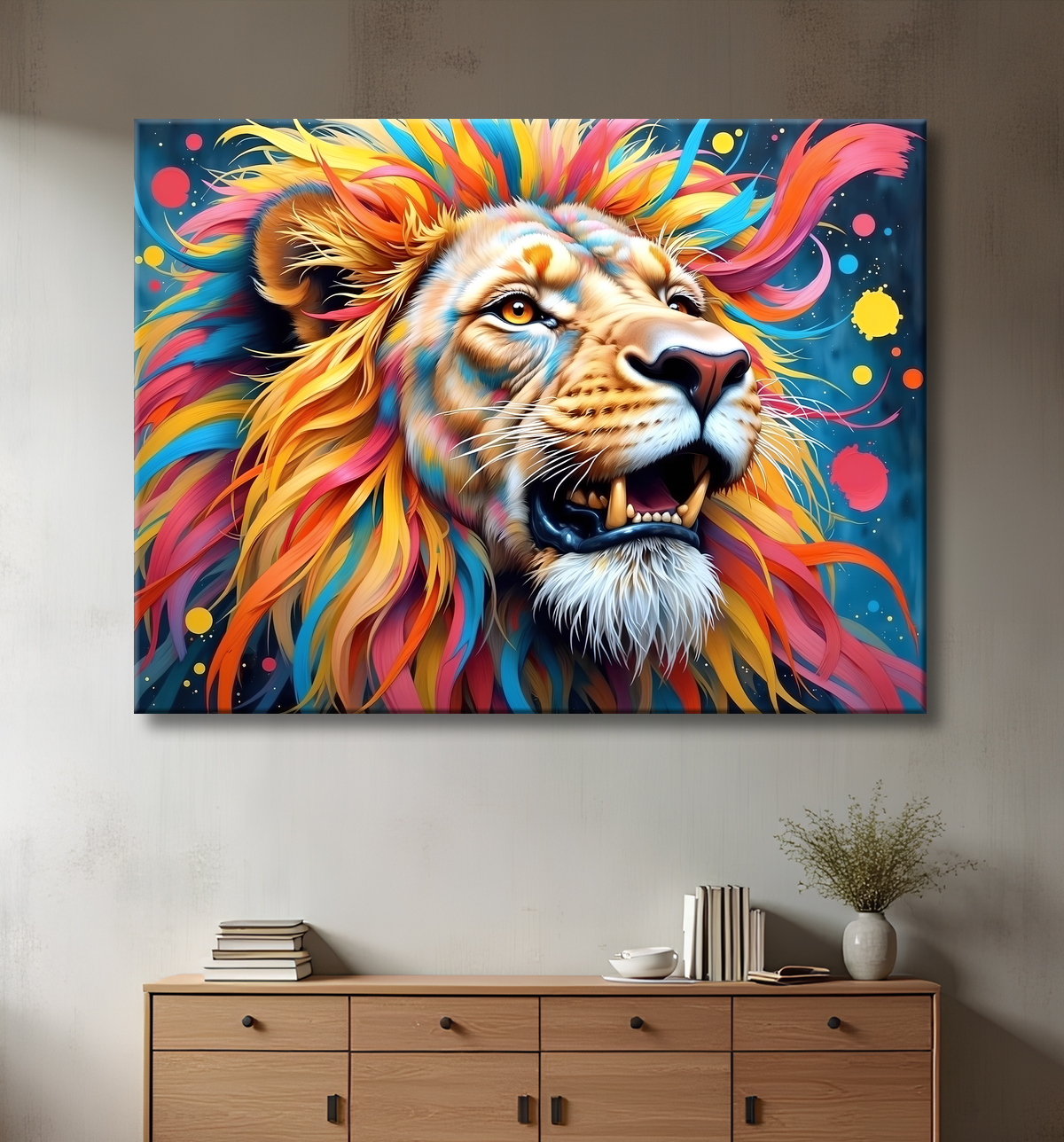Tableau lion coloré - Portrait pop art graphique avec decor