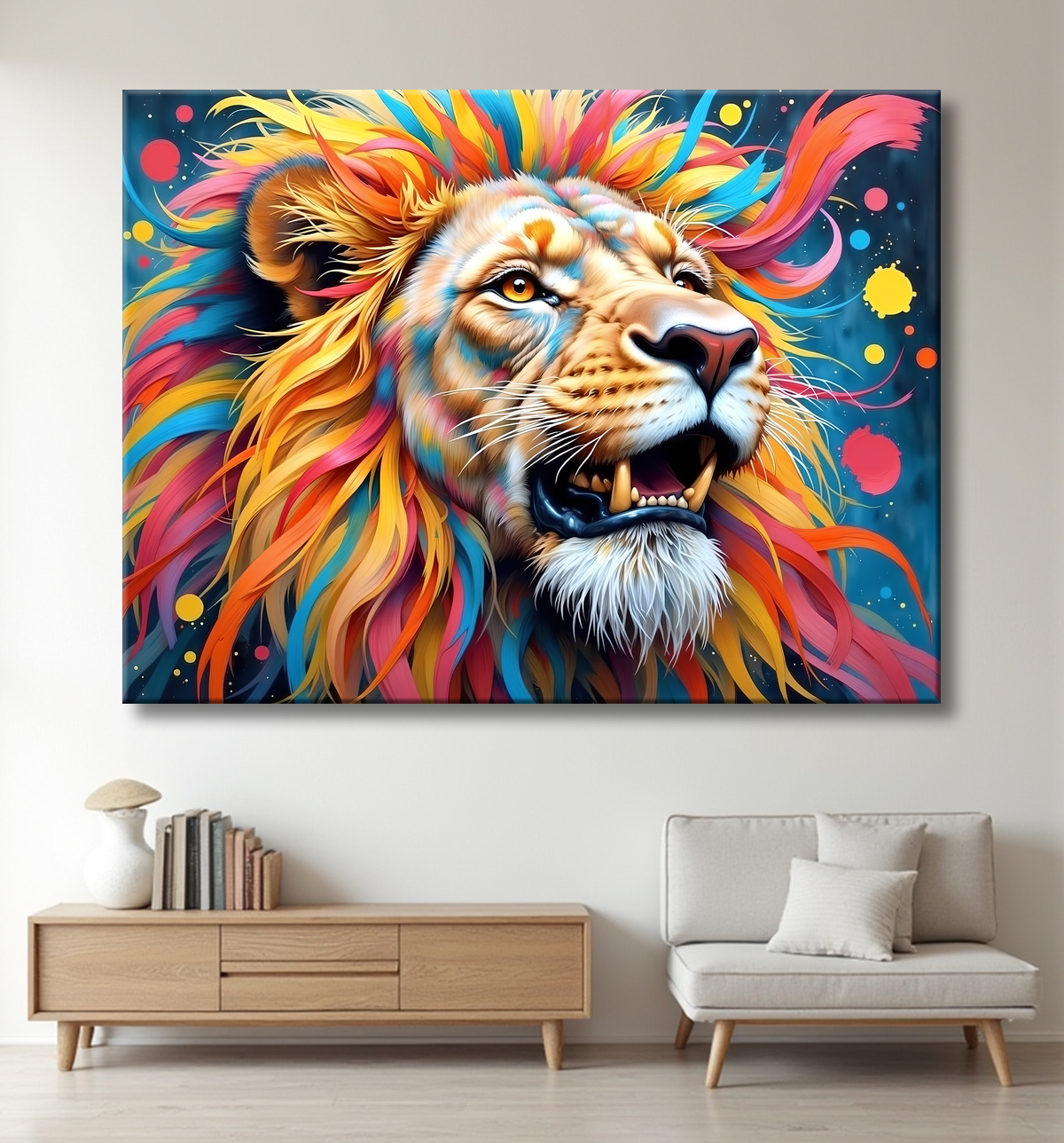 Tableau lion coloré - Portrait pop art graphique avec decor