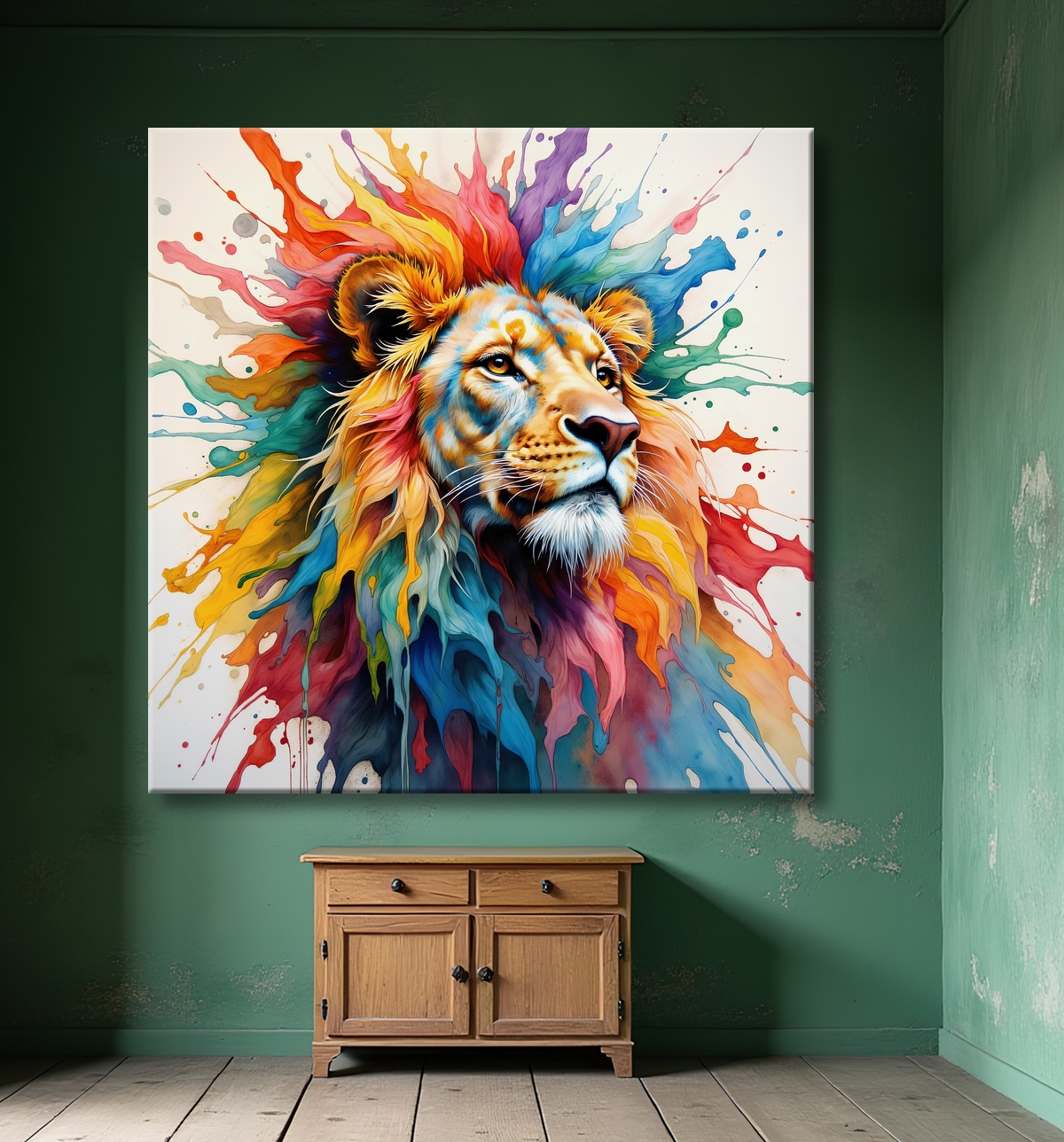 Tableau lion coloré - Portrait pop art graphique avec decor