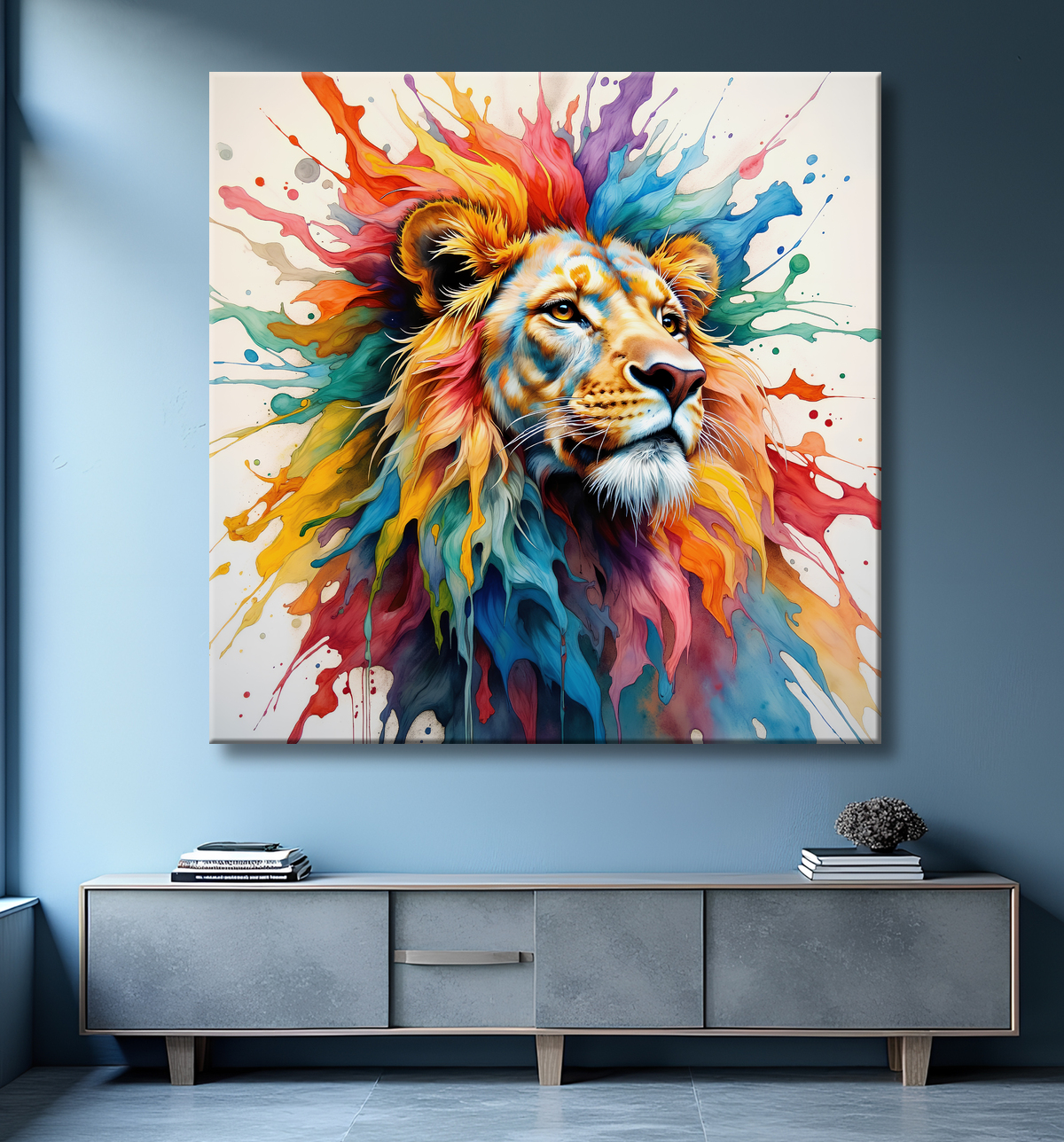 Tableau lion coloré - Portrait pop art graphique avec decor
