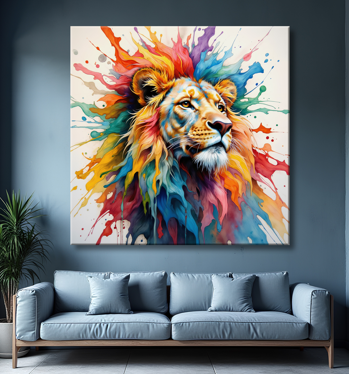 Tableau lion coloré - Portrait pop art graphique avec decor