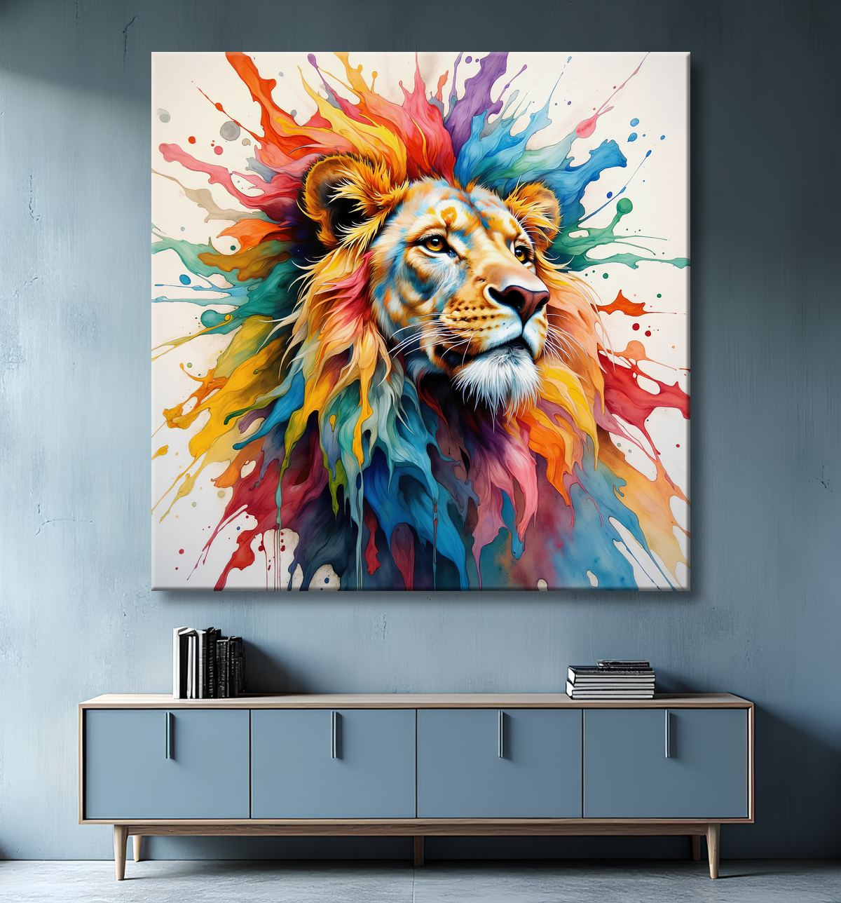 Tableau lion coloré - Portrait pop art graphique avec decor