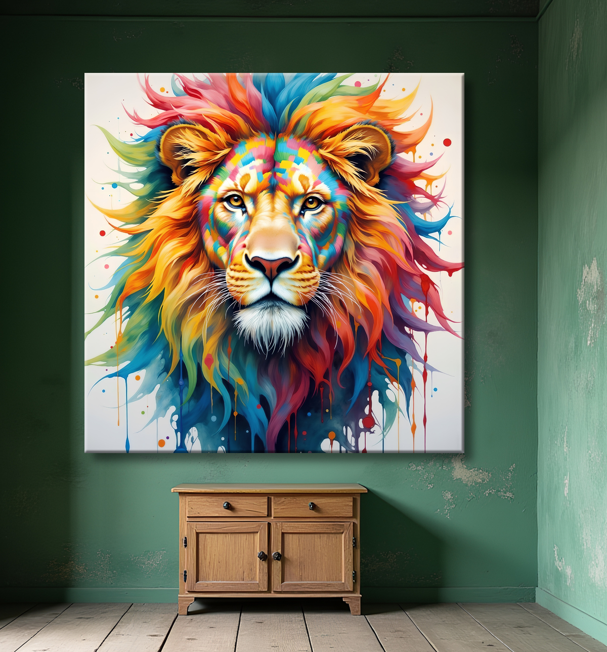 Tableau lion coloré - Portrait pop art graphique avec decor