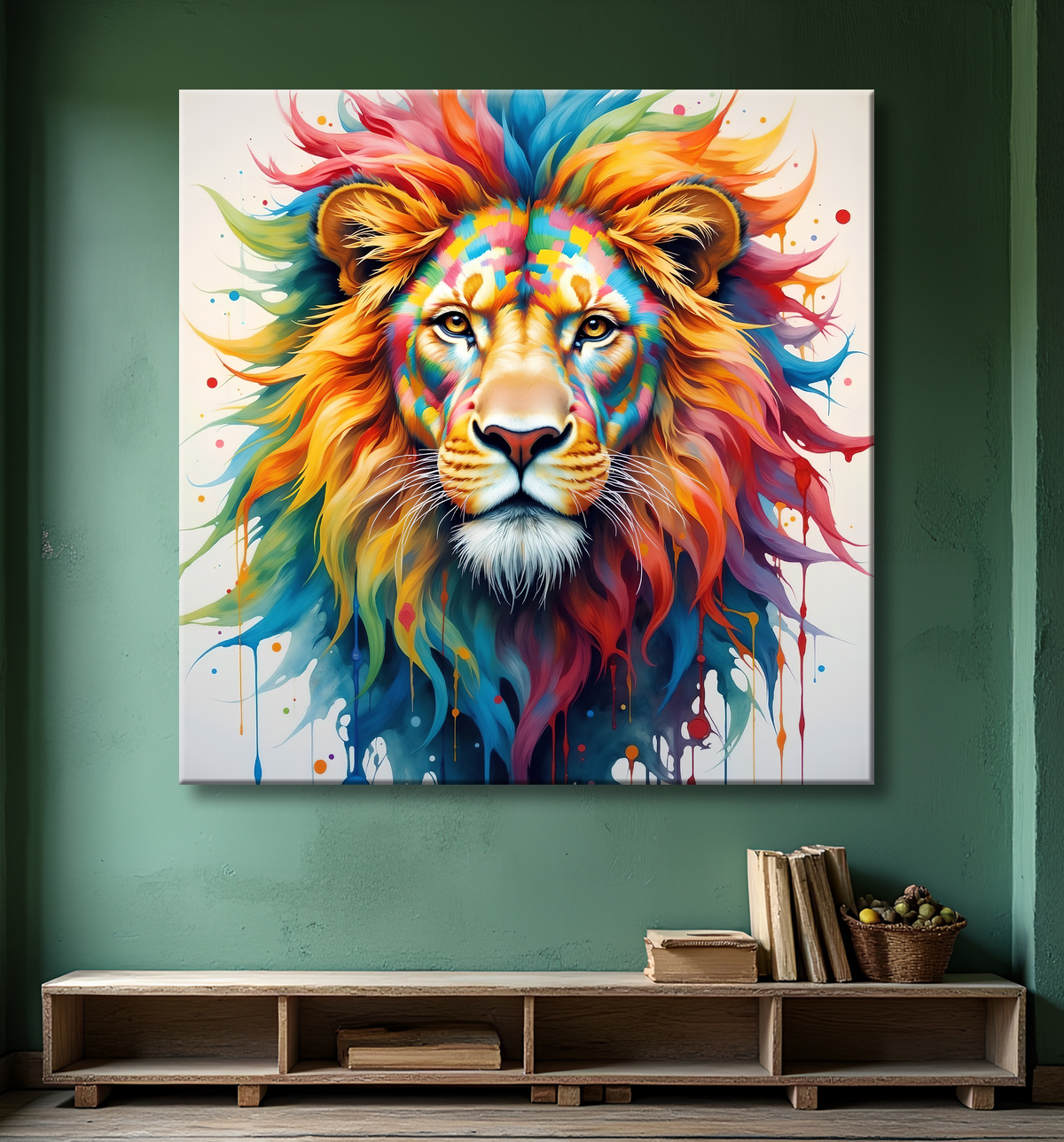 Tableau lion coloré - Portrait pop art graphique avec decor