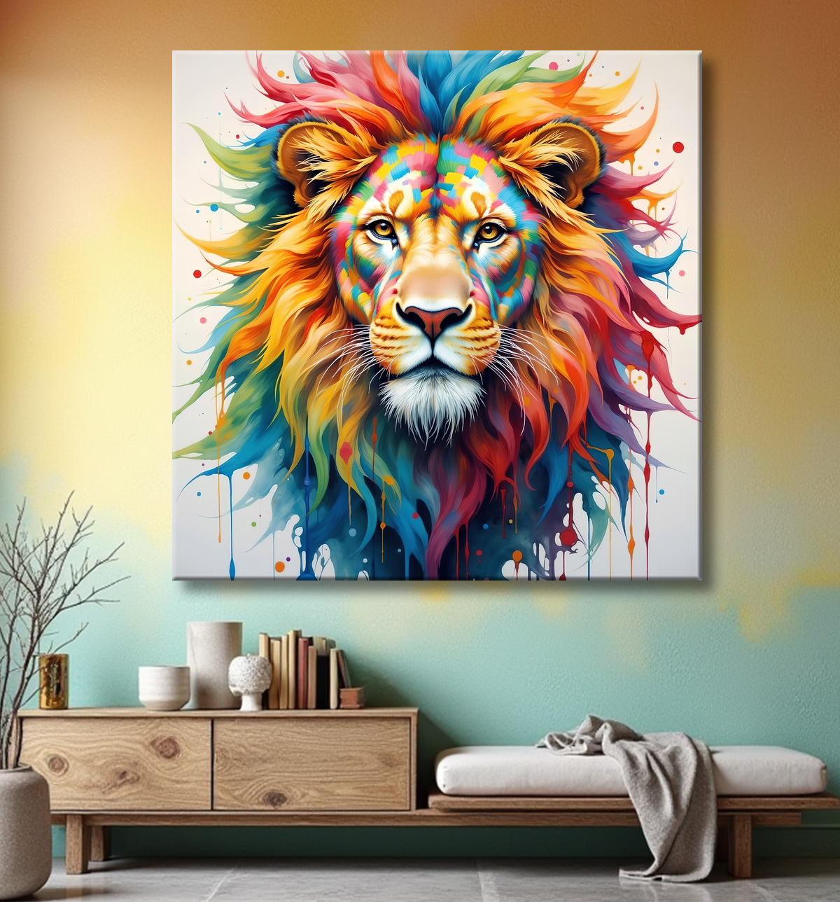 Tableau lion coloré - Portrait pop art graphique avec decor