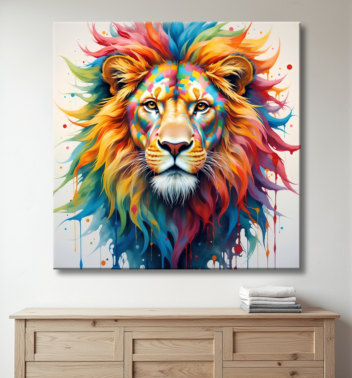Tableau lion coloré - Portrait pop art graphique avec decor