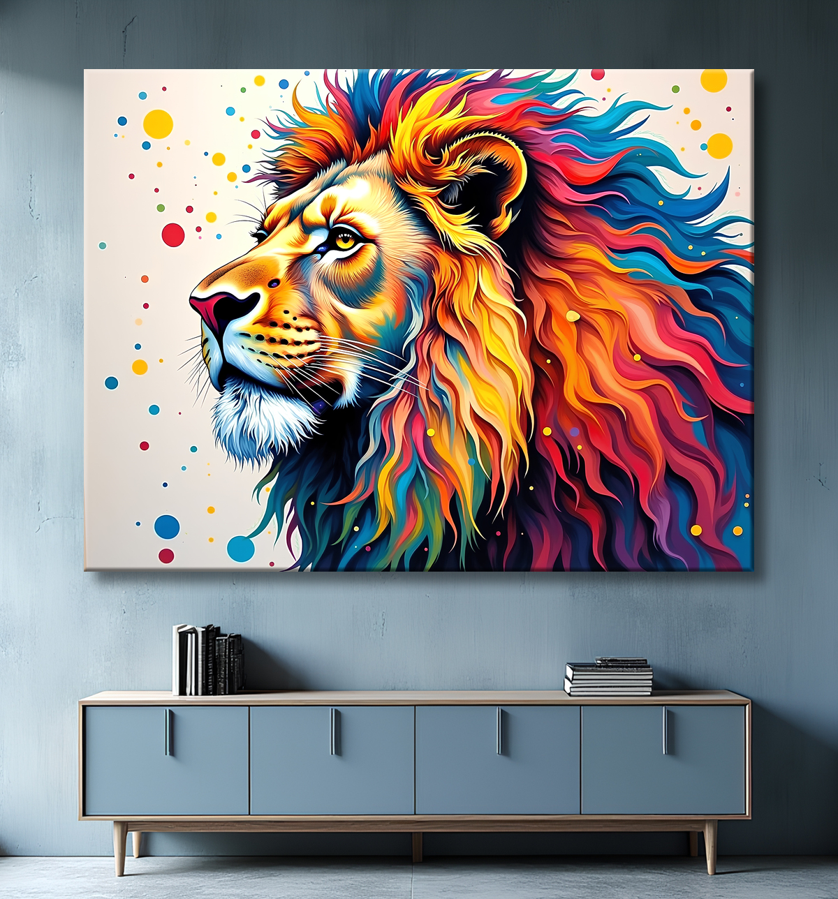 Tableau lion coloré - Portrait pop art graphique avec decor